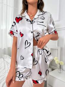 SHEIN Conjunto de pijama de satén con ribetes en contraste y estampado de corazones - Blanco - Ver 4