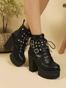 Giày bốt thời trang thu/đông dành cho nữ, phong cách Anh, đế dày, đế chống thấm nước đôi, gót dày, bốt ngắn, mũi tròn, giày cao gót, bốt dành cho nữ - màu đen - Xem 4