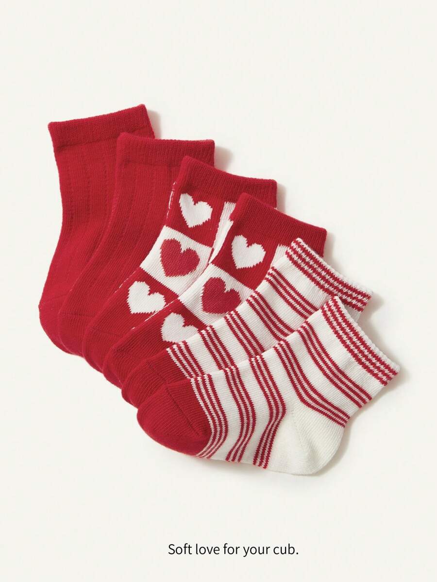 Cozy Pixies 3 雙/包紅白心型印花基本款嬰兒襪 - 紅白色 - 查看 1