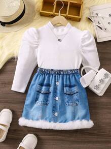 SHEIN Young Girl Mock Neck Puff Sleeve Tee & Denim-Effect Print Contrast Fuzzy Trim Skirt