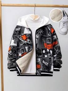 SHEIN 男大童波普藝術圖案毛絨內襯拉鏈開襟連帽夾克無衛衣 - 黑色 - 查看 1