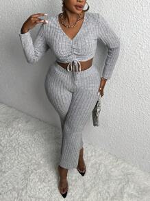 Slaydiva Plus Drawstring Front Crop Tee & Pants - Grey - View 3