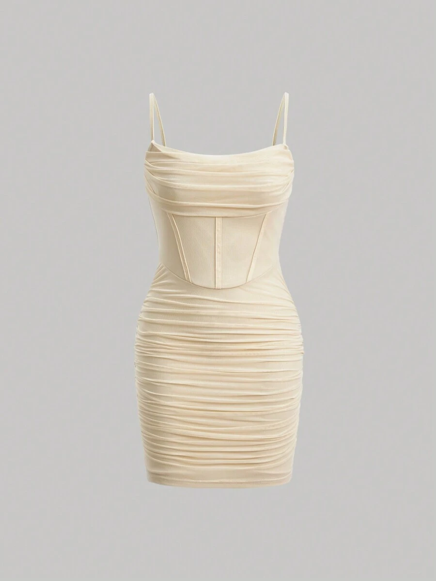 SHEIN MOD Vestido ajustado de tirantes unicolor fruncido - Albaricoque - Ver 1