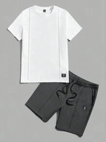 Manfinity VCAY Conjunto de camiseta de manga corta y pantalones cortos de punto ajustado de cuello redondo en color blanco - Gris - Ver 3