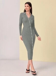 Modelyn 撞色滾邊前紐扣緊身洋裝 - 淺灰色 - 查看 1