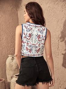 Bohemela Floral Print Contrast Binding Vest Jacket In Fall/Winter - White - View 2