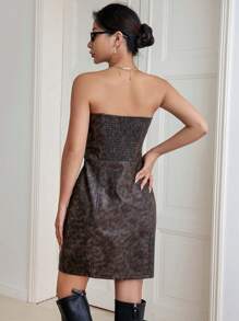 GENKIRA 花卉圖案提花抹胸洋裝 - 巧克力棕 - 查看 2