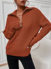 SHEIN Unity Half Zipper Drop Shoulder Sweater - Brown - View 3