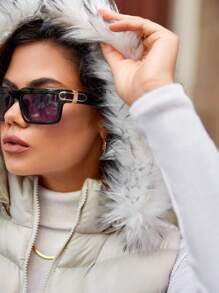 EURMUSE Fuzzy Trim Hooded Puffer Vest Coat - White - View 5