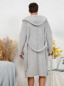 Men Solid Hooded Belted Flannel Robe - Grey - View 2