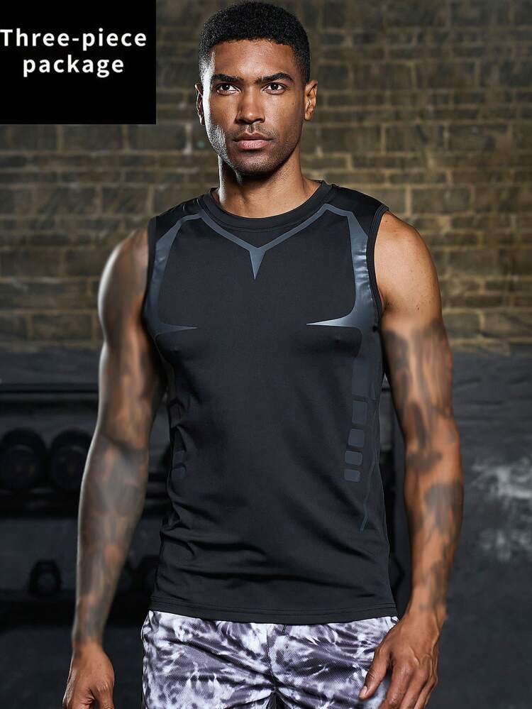 Men 3pcs Graphic Print Sports Tank Top Workout Tops Gym Top Men Gym Wear For Men Men's Gym Wear Men Gym Wear Gym Wear Men Compression Shirt Men