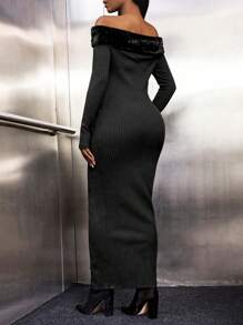 SHEIN Maternity Off Shoulder Fuzzy Trim Bodycon Dress - Brown - View 2