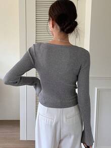 DAZY 二合一素色條紋針織套頭毛衣 - 淺灰色 - 查看 2