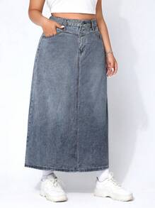 Plus Slant Pocket Denim Skirt - Medium Wash - View 4