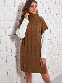 EMERY ROSE 1入組高領後紐扣下擺開叉毛衣洋裝 - 棕色 - 查看 3