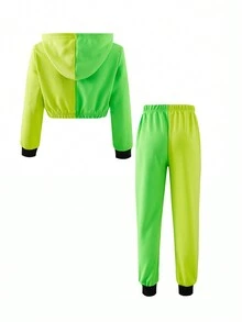 SHEIN Tween Girl Letter Graphic Two Tone Hoodie & Sweatpants - Green - View 2