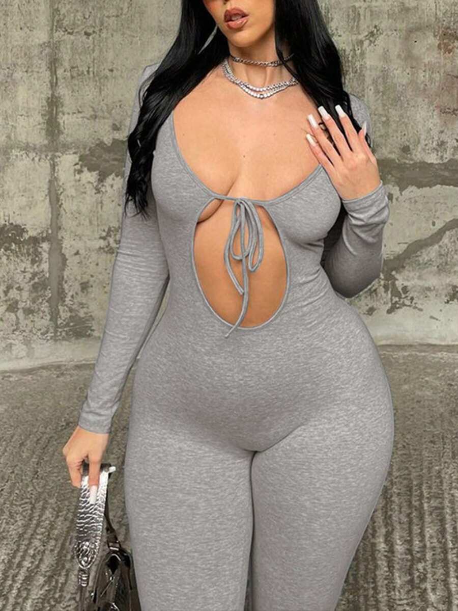 Tie Front Unitard Jumpsuit - Grey - View 1