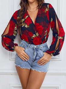 SHEIN LUNE Bộ áo liền quần tay xẻ in hoa - Màu xanh hải quân - Xem 4