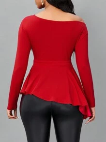 SHEIN Lady 素色不對稱下擺T恤 - 紅色 - 查看 2