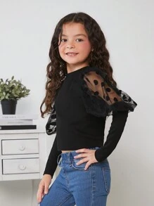 Tween Girl Contrast Dobby Mesh Gigot Sleeve Tee - Black - View 3