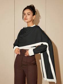 女士拼布撞色长袖圆领时尚短款针织毛衣 - 黑色 - 查看 5