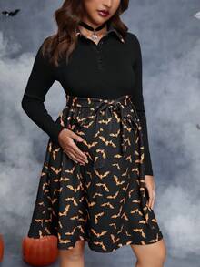 SHEIN 孕婦萬聖印花繫腰帶洋裝 - 黑色 - 查看 3
