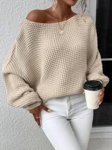 SHEIN LUNE Chất rắn Cổ thuyền tay cánh Áo len - Màu be - Xem 4