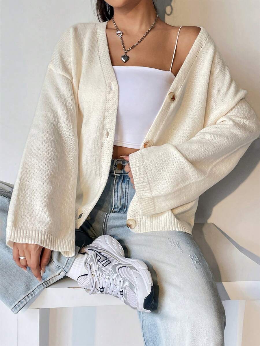 SHEIN Unity 1pc Drop Shoulder Button Front Cardigan,Long Sleeve Tops - Apricot - View 1