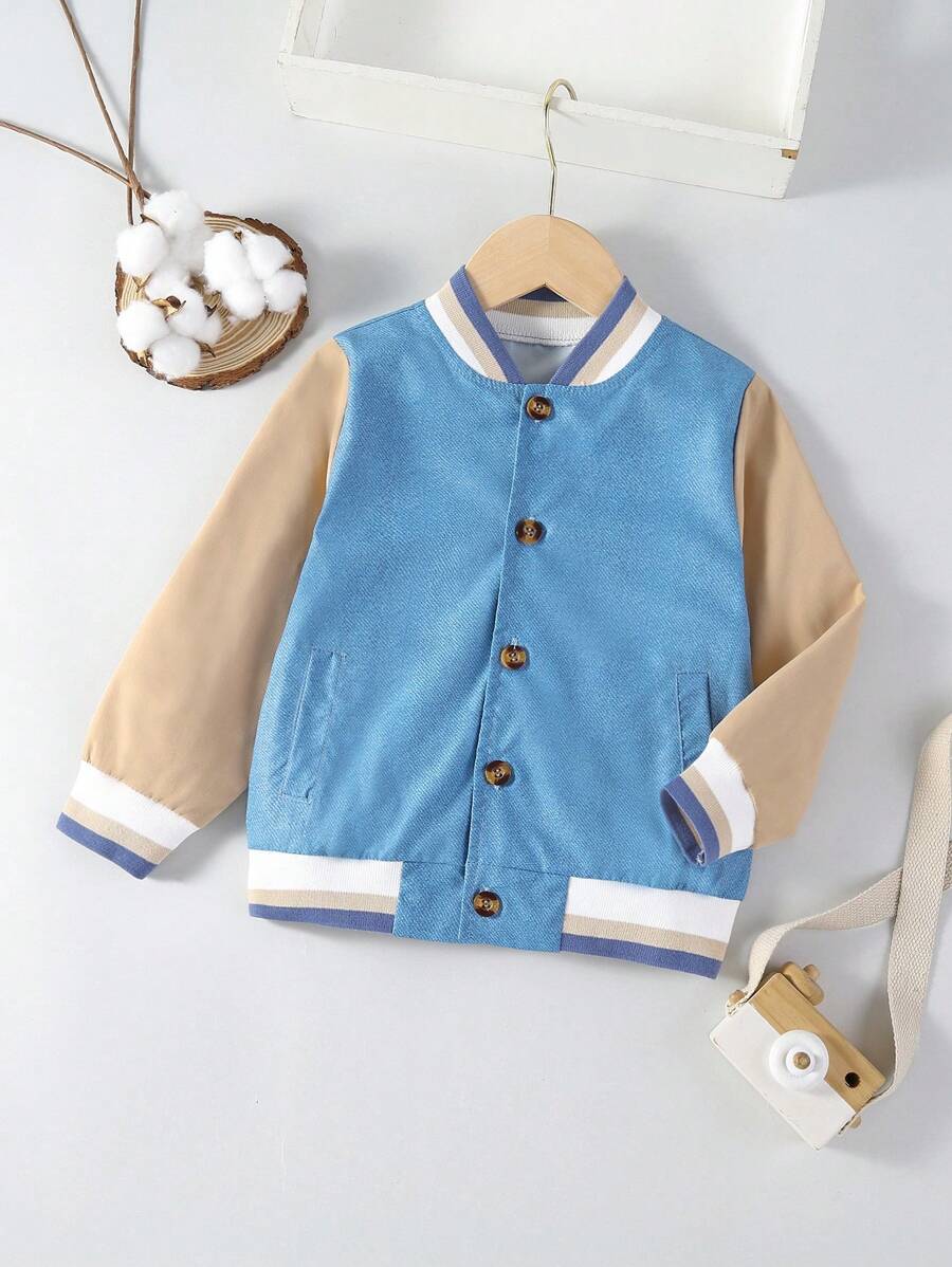 小男孩拼色條紋飾校隊夾克 - 藍色 - 查看 1