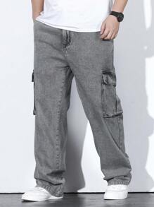 Manfinity Homme 男士加大號活口口袋側拉鍊貨褲，直筒長洗水牛仔褲，素面淺灰色，時尚外出街頭穿搭，尺寸