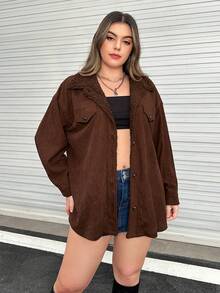 Flirla Hơn Thả vai Lót Teddy Áo khoác vải nhung - Cà phê nâu - Xem 4