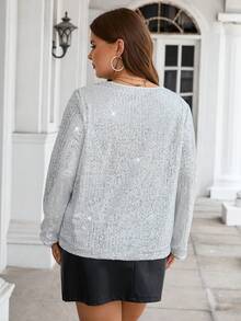 SHEIN Clasi 加缺口領口亮片襯衫 - 銀色 - 查看 2