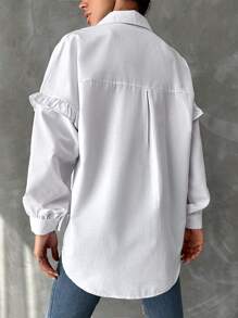 EURMUSE Floral Embroidery Ruffle Trim Drop Shoulder Shirt - White - View 2