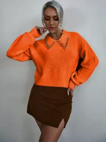 SHEIN Unity Rhinestone Detail Drop Shoulder Pointelle Knit Sweater,Long Sleeve Tops Knit Pullover Fall Winter Sweater - Orange - View 6