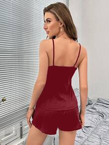 Bear Print Cami Top & Bow Front Shorts PJ Set - Burgundy - View 2