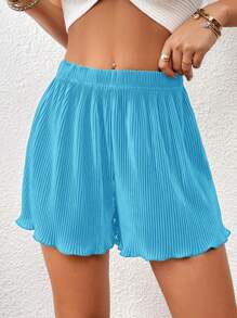 SHEIN Essnce Solid Lettuce Trim Shorts - Blue - View 1