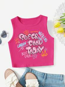 青少年女孩標語圖案短款背心 - 玫紅色 - 查看 1