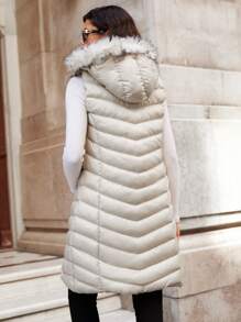 EURMUSE Fuzzy Trim Hooded Puffer Vest Coat - White - View 2