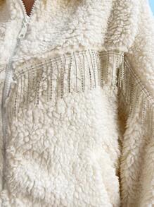 EURMUSE Women's Fashionable Rhinestone Tassel Decorated Jacket, Autumn/Winter - Beige - View 6