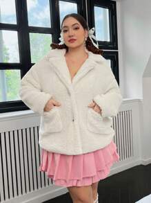 Flirla 加落肩口袋貼片泰迪熊大衣 - 米色 - 查看 6