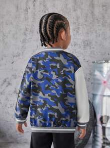 Young Boy Camo Print Letter Graphic Striped Trim Varsity Jacket Without Hoodie - Multicolor - View 2