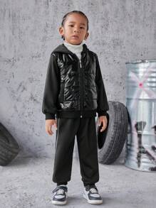 Young Boy Zip Up Hooded Padded Coat & Contrast Piping Sweatpants - Black - View 6