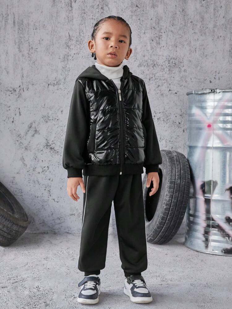 Young Boy Zip Up Hooded Padded Coat & Contrast Piping Sweatpants
