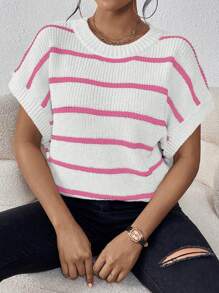 SHEIN LUNE Striped Pattern Batwing Sleeve Knit Top - Pink - View 5