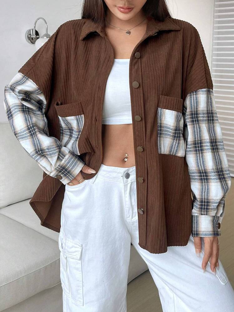 Plaid Print Drop Shoulder Pocket Patched Button Front Shacket