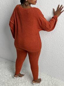 Slaydiva 2 件/套休閒家居服彈性針織羅紋修身加大尺碼女款長袖 T 恤和褲子套裝 - 棕色 - 查看 2