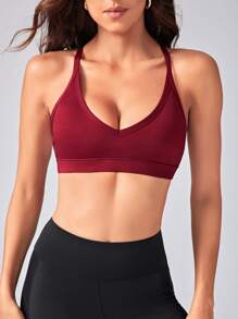 Menodora SHEIN Sport Solid Strappy Back Sports Bra - Burgundy - View 5