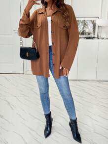 SHEIN LUNE Abrigo de hombros caídos con diseño de solapa con botón delantero - Café integral - Ver 4