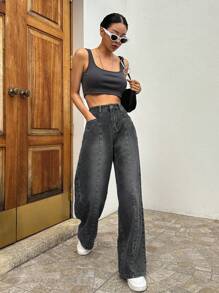 DAZY Jeans de talle alto de pierna ancha - Gris Oscuro - Ver 3