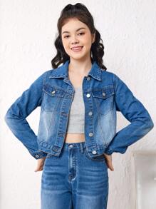 青少年女孩蝴蝶和字母圖案翻蓋口袋牛仔夾克 - 深色水洗藍 - 查看 5
